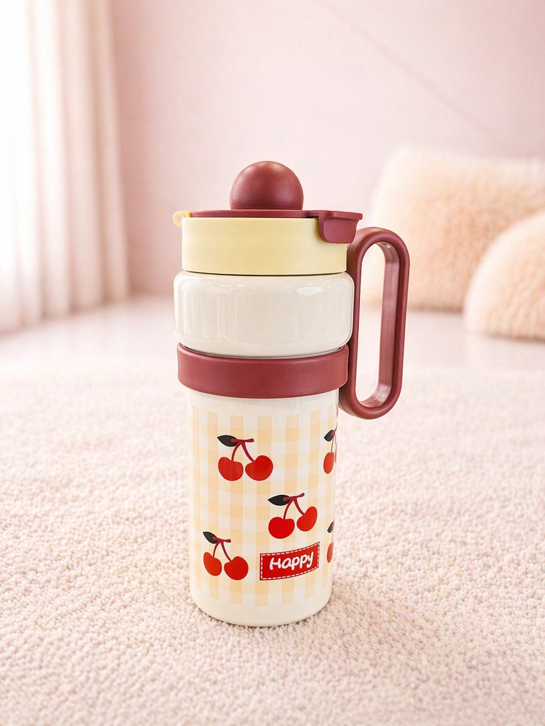 Cute Cherry Printed Mug Bottle with Handle – Leakproof, Stylish & Travel-Friendly Sipper Cup