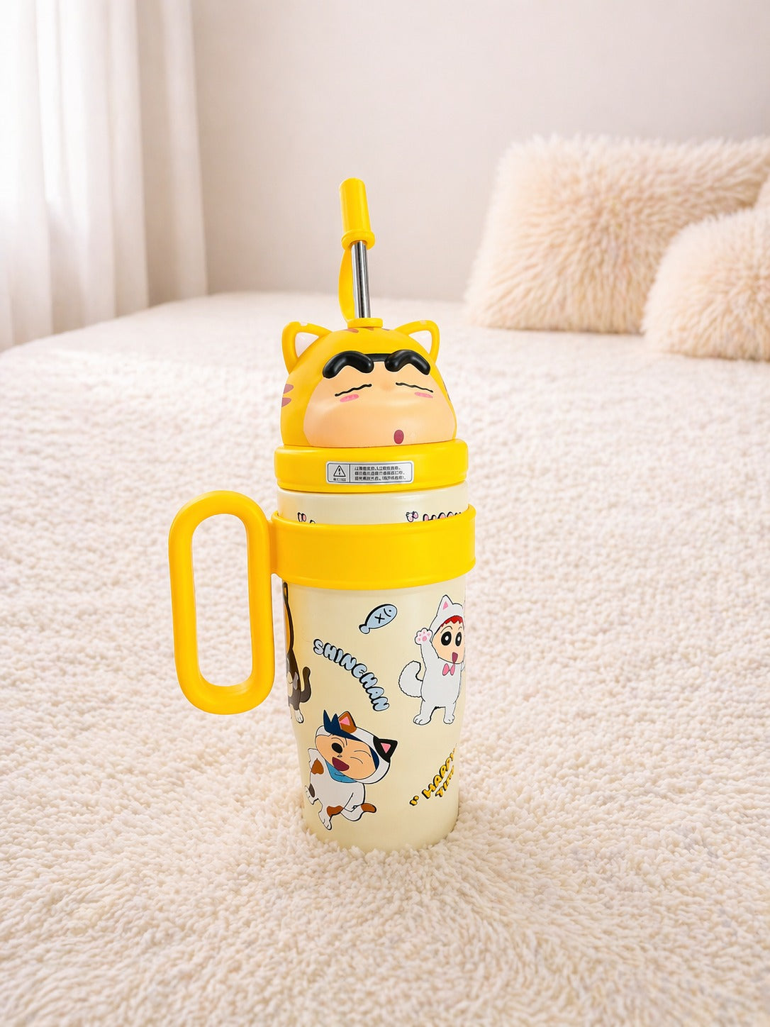 Cute Cartoon Cat Sipper Water Bottle with Straw – Bright Yellow Aesthetic, Leakproof & Portable Bottle for Daily Use