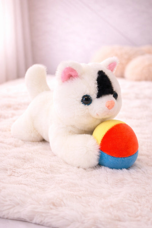 Cute White Kitten Plush Toy with Ball – Soft Stuffed Cat for Kids, Gifting & Decor