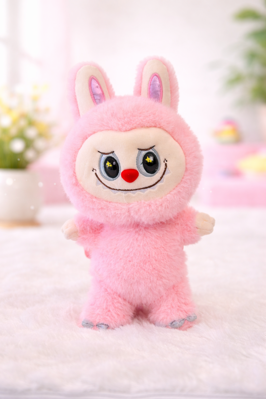 Fluffy pink bunny on soft surface