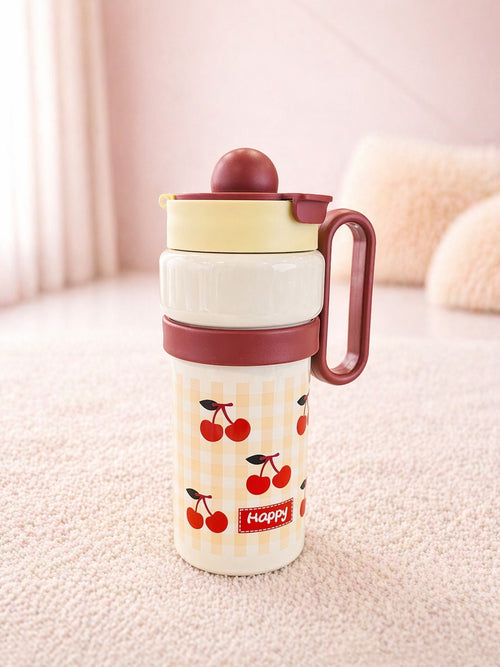 Cute Cherry Printed Mug Bottle with Handle – Leakproof, Stylish & Travel-Friendly Sipper Cup
