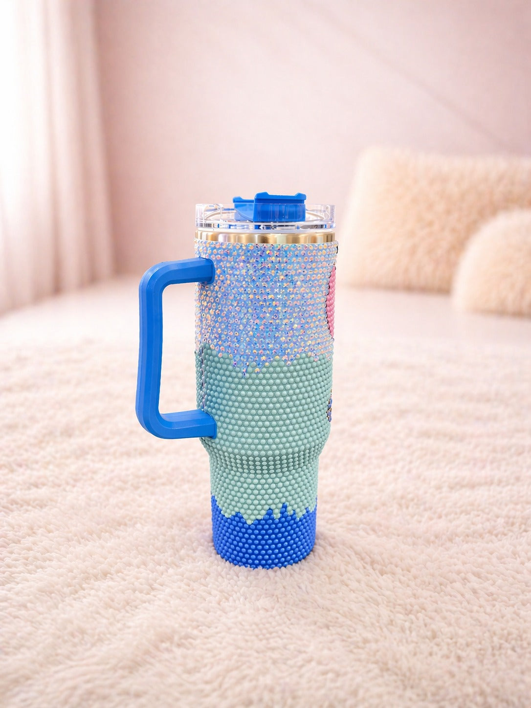 Premium Crystal Studded Tumbler with Handle – Stylish, Leakproof & Travel-Friendly Drink Cup