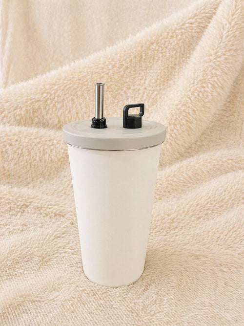 Insulated Tumbler with Straw & Handle Lid – Minimal White Travel Cup, Leakproof & Reusable for Daily Use