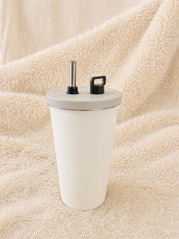 Insulated Tumbler with Straw & Handle Lid – Minimal White Travel Cup, Leakproof & Reusable for Daily Use