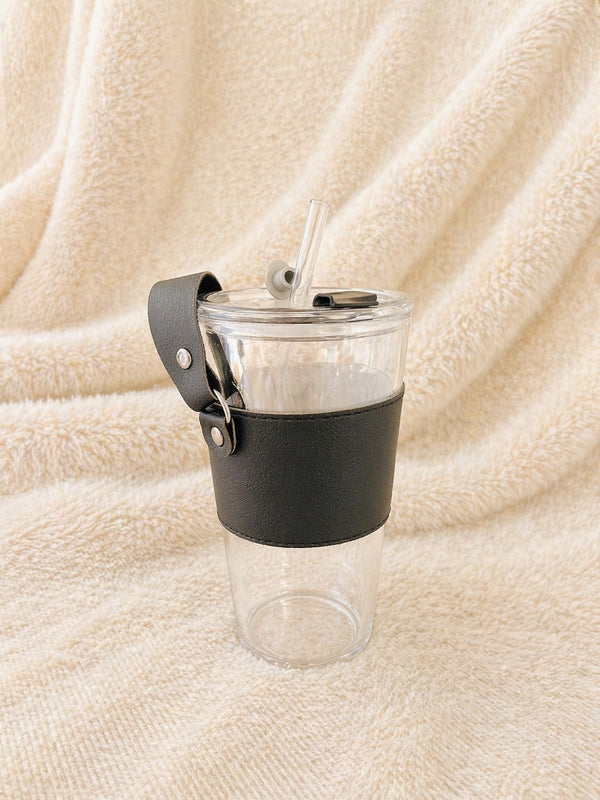 Premium Tumbler with Straw & Leather Sleeve – Stylish Travel Cup with Handle, Leakproof & Reusable for Daily Use