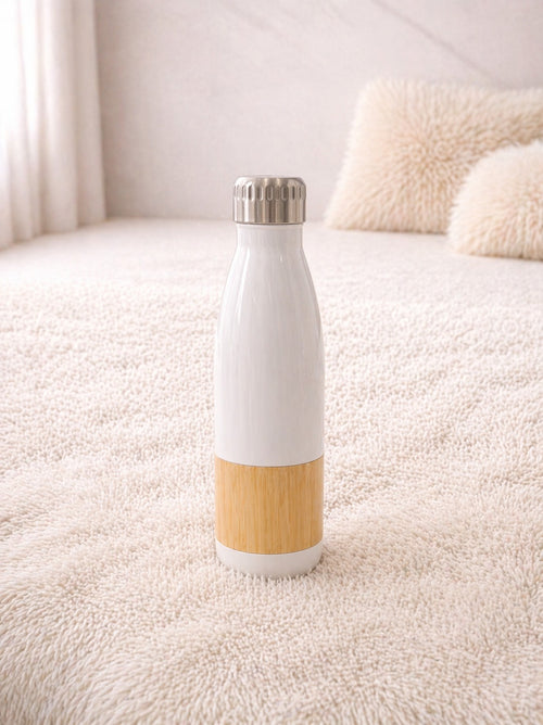 Minimal White & Wood Finish Water Bottle – Leakproof, Stylish & Eco-Friendly Bottle