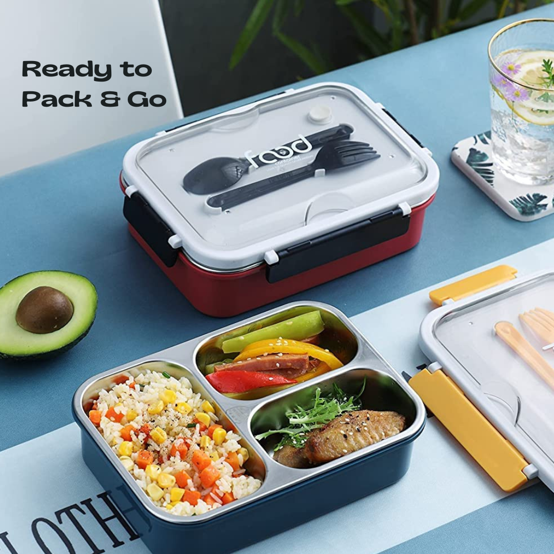 GIBO 100% Spill free Bento Lunch Box, 3 Compartment Stainless Steel