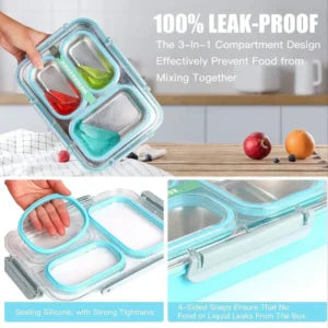 GIBO 100% Spill free Bento Lunch Box, 3 Compartment Stainless Steel | Office use