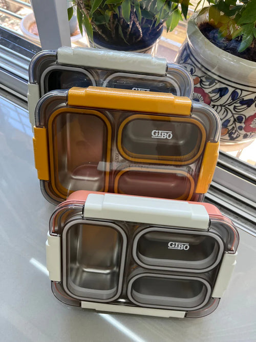 GIBO 100% Spill free Bento Lunch Box, 3 Compartment Stainless Steel | Office use