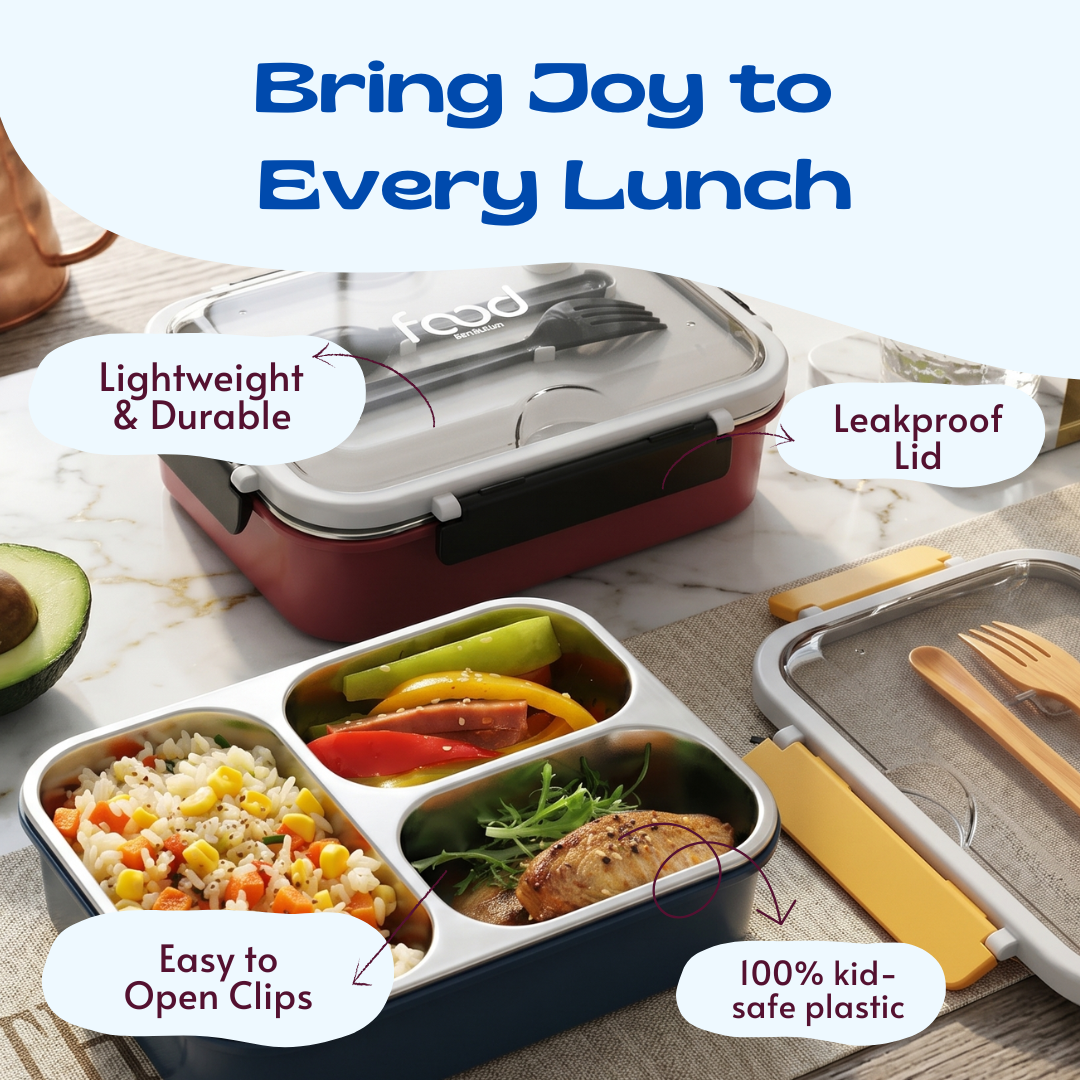GIBO 100% Spill free Bento Lunch Box, 3 Compartment Stainless Steel